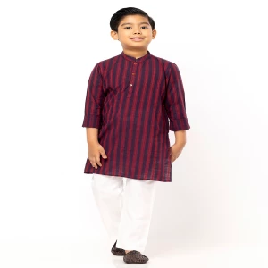 Red Striped Viscose Panjabi Pajama Set